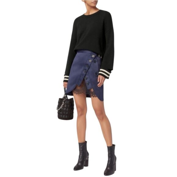 Intermix Bowie  Stripe Cropped Knit Top Women's Black Sweater with White Stripes - Picture 2 of 10